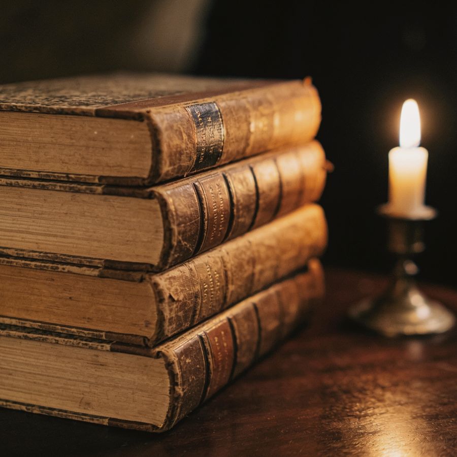 A stack of old books by candlelight