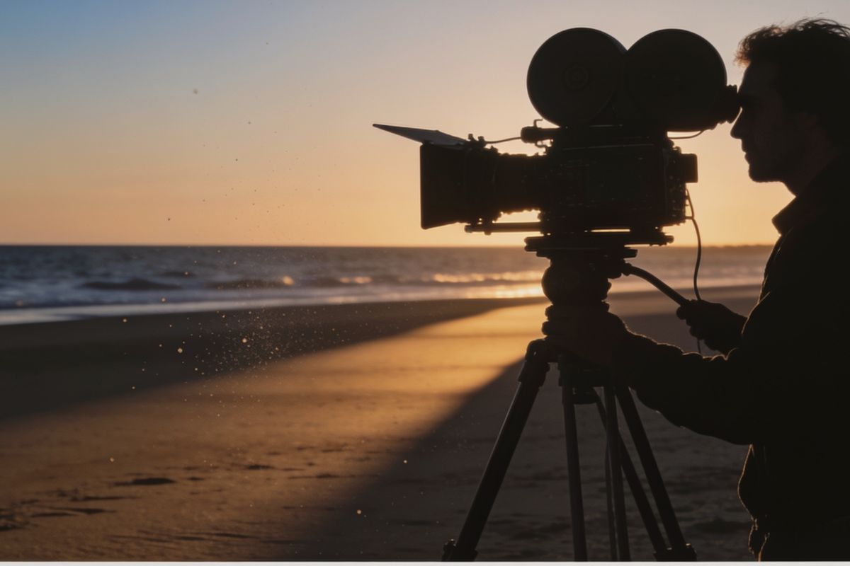 A filmmaker at a cinema camera on the beach at sunset
