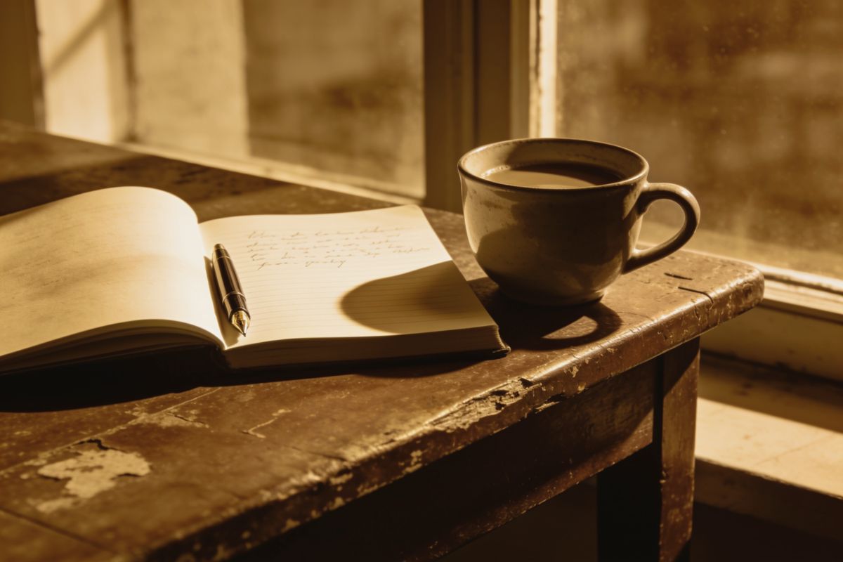 An open notebook and a cup of coffee by a window