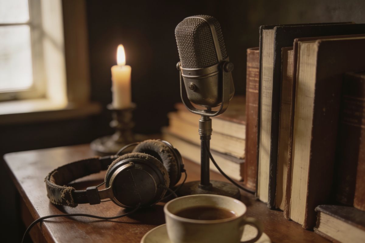 A vintage microphone and headphones on a desk